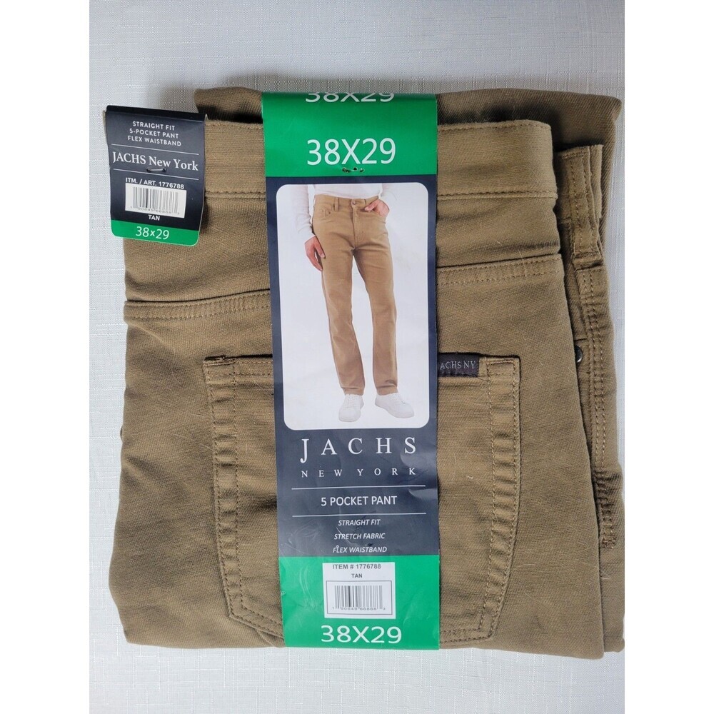 Jachs New york 5 Pocket Pant, Men's 38X29 Tan Stretch, Flex Waist, Straight Fit
